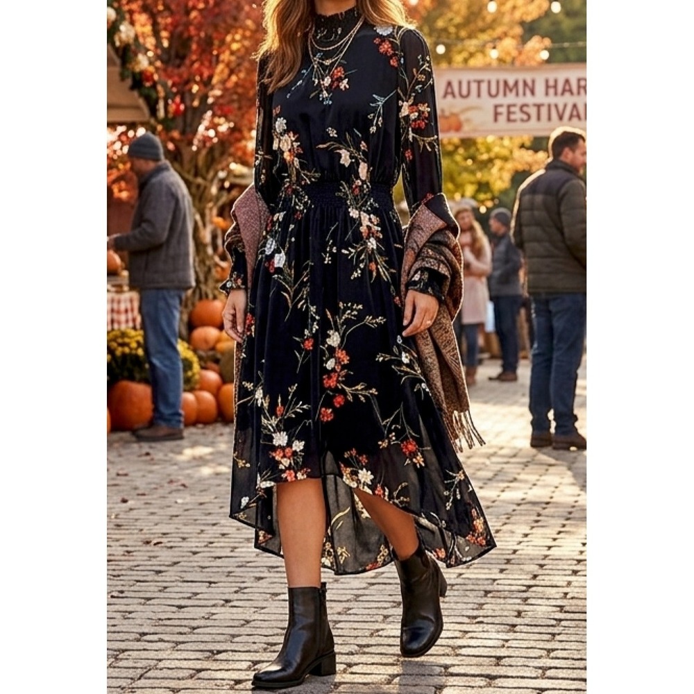 Whimsigoth Nanette Lepore Dark Floral Midi Dress 14 Asymmetrical Fairy Edwardian